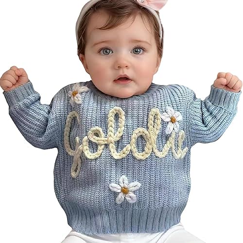 Custom Baby Sweater, Personalized Handmade Yarn Name Knit Sweater, Customized, Embroidered Sweater Newborn Gifts Ivory