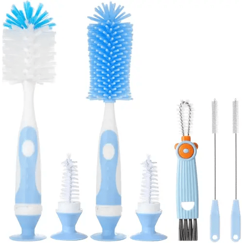 5-in-1 Baby Bottle Brush Set, Including Nylon and Silicone Bottle Brush, Bottle Cap, Straw and Nipple Cleaner, BPA-Free (Blue)