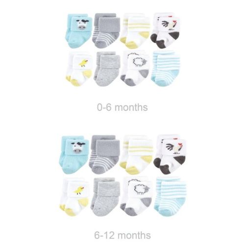 Hudson Baby Baby Grow with Me Cotton Terry Socks, Farm 8-Pack Set, 0-6 and 6-12 Months