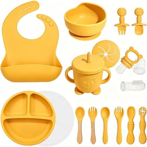 Silicone Baby Feeding Utensils Set for 6+ Months, 17 Pcs, Yellow