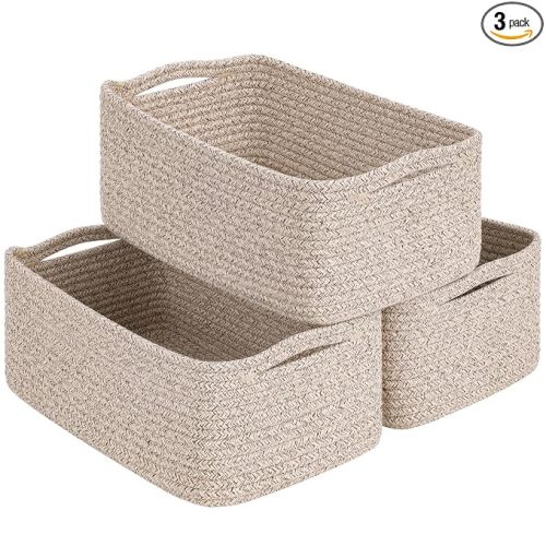 Goodpick Storage Baskets, 13 x 8 x 5 in, Closet Shelf Organizers for Gifts Empty Baskets for Shelves Dog Toy Basket Woven Baskets for Storage for Towels for Organizing 3 Pack, White & Brown