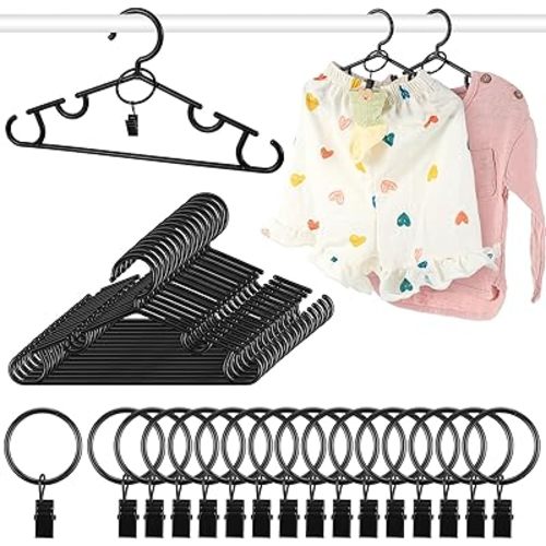 Hsei 30 Packs Nursery Baby Hangers with Ring Clips, Toddler Hangers, Kids Plastic Clothes Hanger for Infant Children Pants Closet Coat Skirts Socks (Black)