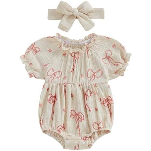 Newborn Baby Girl Clothes Bow Print Smocked Bubble Romper Cotton Linen Ruffle Onesie + Headband Cute Summer Clothes