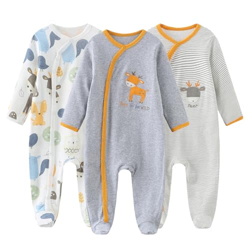 MAMIMAKA Baby Boys Girls Footies One-Piece Romper Long-Sleeve Jumsuit Cotton Newborn Clothes Set 3-Pack Baby Pajamas