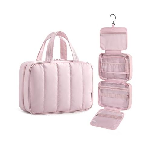 BAGSMART Travel Toiletry Bag for women, Portable Hanging Hook Makeup Bag Organizer, Waterproof Makeup Cosmetic Bag, for Full-Size Accessories, Toiletries, Pink