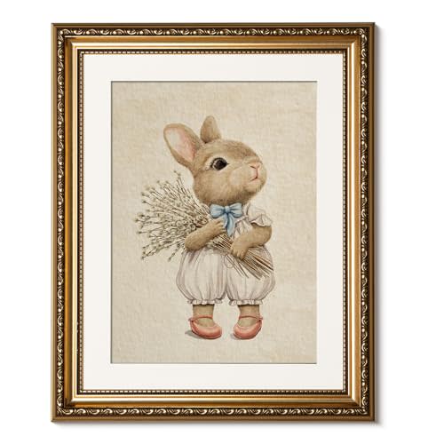 ARPEOTCY Gold Framed Canvas Wall Art, Baby Rabbit Animal Art Prints, Cute Bunny Decor for Kids Girls Room Nursery Playroom, Easter Gift for New Mom, 13x16 Inch
