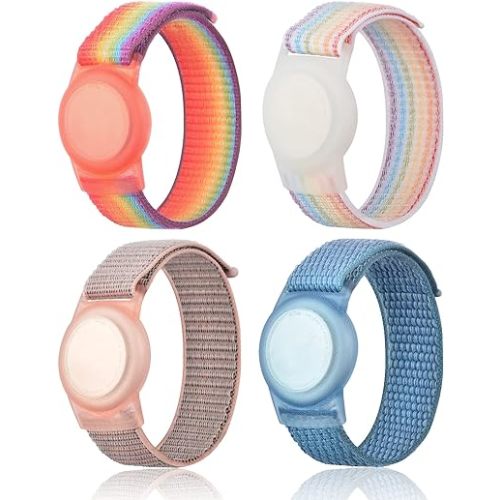 4 Pack Kids Wristband Compatible with Apple AirTag, Protective Case for Air Tag GPS Tracker Holder with Nylon Bracelet, Adjustable Anti Lost Watch Band for Toddler Child Elder (Rainbow & Blue & Pink)