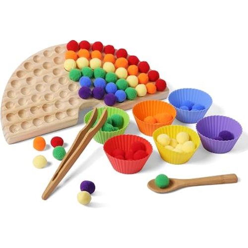 Board Beads Game Pine Wooden Rainbow Bead Maze Montessori Color Sorting Toys for Toddlers 1-3 Match Game