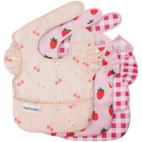 Tiny Twinkle Mess-Proof Baby Bibs for Eating | Waterproof, Wipeable Toddler Bibs with Catch-All Pocket | Feeding Bibs for Girls & Boys(3 Pack,Cherry Coquette,Strawberries,Raspberry Gingham)