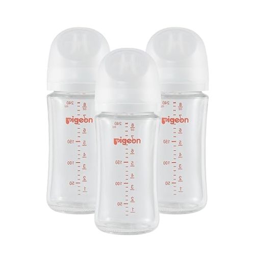 Pigeon Glass Nursing Bottle Wide Neck, Nurture & Nest, Anti-Colic, Streamlined Body, Natural Feel, Easy to Clean, Heat-Resistant, 8.1 Oz (Pack of 3), Includes 3pcs Stage 3 Nipples (3m+)