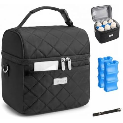 Nuliie Breastmilk Cooler Bag with 2 Ice Packs, Fits 6 Baby Bottles Up to 10 Ounce, Four Layer Insulated Baby Bottle Bag for Daycare, Breast Milk Cooler with Pocket, Strap & Buckle, Waterproof, Black