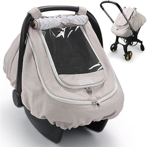 Waterproof Car Seat Cover for Baby, 2-Layer Car Seat Rain Cover with Clear Window & Sunshade & Mesh Cover, Universal Infant Carseat Canopy for Stroller, Protect from Rain and Snow - Beige