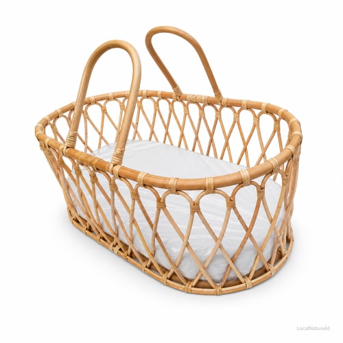 Handcrafted Rattan Baby Moses Basket with Mattress / Boho Chic Woven Infant Bassinet & Portable Carrier