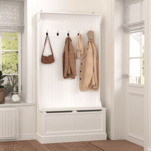 Hall Tree with Shoe Storage Bench & 5 Hooks,Coat Rack with Hidden Storage, Standing Entryway Organizer for Mudroom, Living Room,White