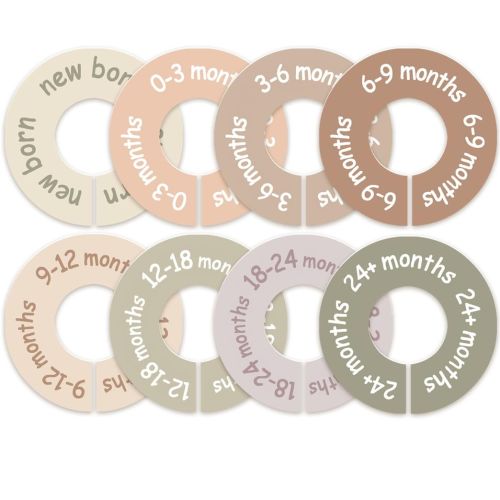 cephira Baby Closet Dividers for Clothes – Earth Tone Round Baby Clothes Dividers for Closet Rod, Nursery Closet Organizer & Decor, Clear Labels for Easy Sorting, Fits Most Rods