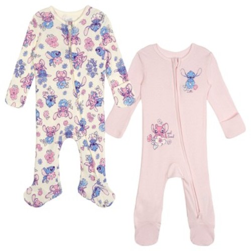 Disney Lilo & Stitch Newborn Baby Girls 2 Pack Sleep N' Plays 2-Way Zip Pink / White 0-3 Months