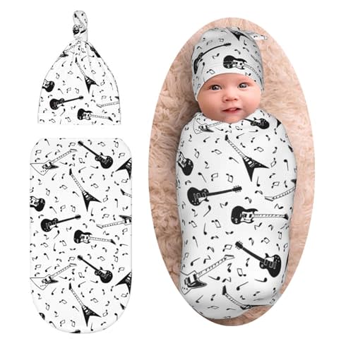 Guitar Music Newborn Swaddle Blanket Baby Stuff Baby Swaddling Blanket with Beanie Set Soft Sleeping Sack for Unisex Girls Boys