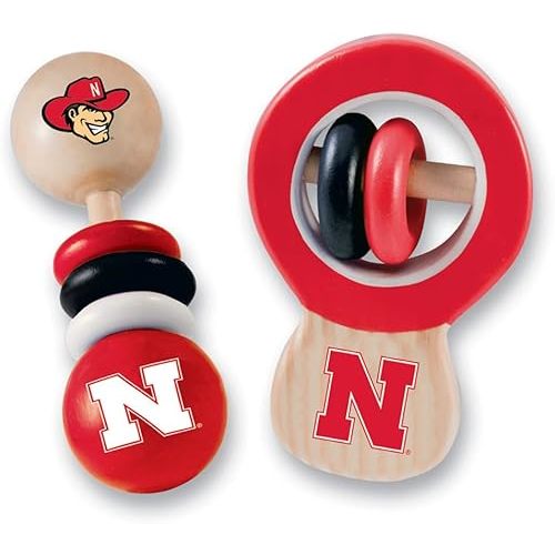 BabyFanatic Wood Rattle 2 Pack - NCAA Nebraska Cornhuskers - Officially Licensed Baby Toy Set
