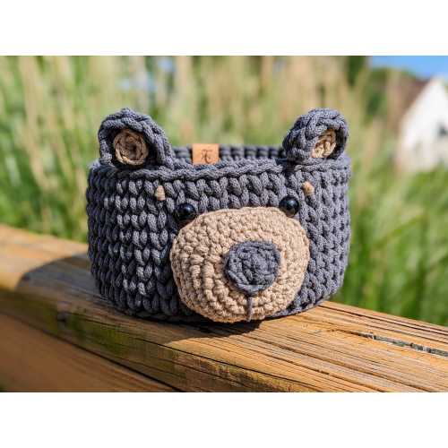 Whimsical Bear Basket for Woodland Nursery - Handcrafted with Recycled Cotton Cord - Medium Crochet Basket
