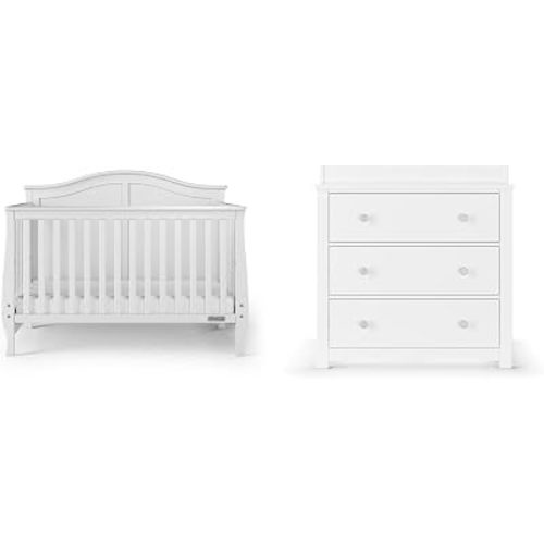 Child Craft Camden Design 4-in-1 Convertible Baby Crib Nursery Furniture Set, Baby Bed and 3 Drawer Dresser, for Babies, Toddlers and Kids Bedroom (2 Piece - Matte White)