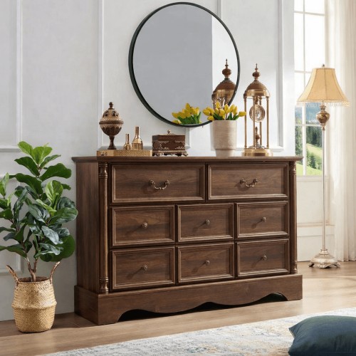 ZBOM 8 Drawer Dresser, 54 Inch Wide Farmhouse Style Chest of Drawers with Charging Station, Distressed Finish Design, Modern Storage Dresser Organizer TV Stand for Bedroom, Living Room，Brown