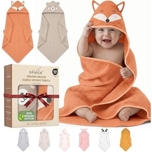 100% Organic Cotton Muslin Hooded Baby Towels for Newborn 2 PK 32x32 in