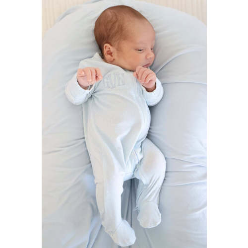 Picot Trim Bamboo Zipper Footie in Baby Blue | Caden Lane