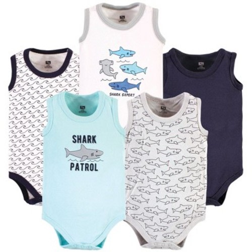 Hudson Baby Infant Boys Cotton Sleeveless Bodysuits, Shark Patrol, 6-9 Months