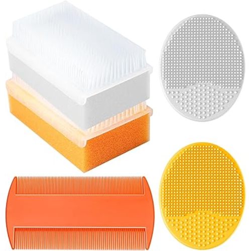 Cradle Cap Brush for Babies, Baby Bath Essentials with Silicone Scrubber Bath Sponge Dual-Sided Comb for Newborns Toddlers Boys Girls (Orange, Set of 5)