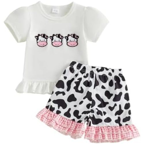 Toddler Girls Outfits Western Baby Clothes Cow Bow Strawberry Shorts Sleeve Ruffle Shirt Shorts Summer Outfit Set