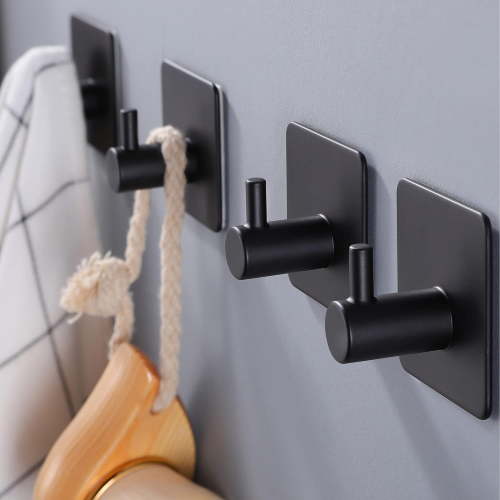 8 Pack Matte Black Self Adhesive Towel Hooks for Bathroom Wall Door Mounted - SUS304 Stainless Steel Strong Strips Stick on 3M Wall Hooks for Hanging Coat, Hat, Bag, Key, Jacket