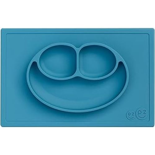 ezpz Happy Mat - 24 Months+ (Blue) - 100% Silicone Suction Plate with Built-in Placemat for Toddlers + Preschoolers - Divided Toddler Plates - Toddler Essentials
