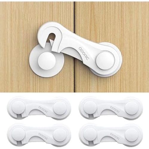 Adoric Cabinet Locks Baby Proofing (4-Pack) - Child Proof Safety Locks for Kitchen Drawers, Closets & Storage - No Drilling, Strong Adhesive Design for Toddler Protection (White)