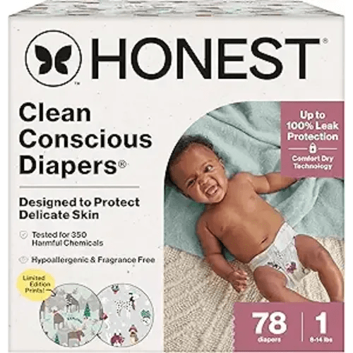 The Honest Company Clean Conscious Diapers for Delicate Skin | Up to 100% Leakproof | Hypoallergenic, Fragrance Free | Winter '25 Limited Edition Prints | Club Box, Size 1 (8-14 lbs), 78 Count