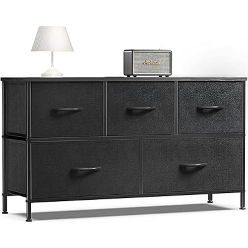 OLIXIS Dresser for Bedroom, 5 Storage Drawers, Wide Fabric Closet Chests Organizer Tower Furniture, TV Stand with Wooden Top Metal Frame for Clothes, Living Room, Hallway, Entryway, Classic Black