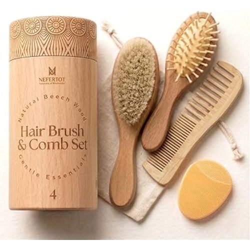 Wooden Baby Hair Brush Grooming Kit with Beech Wood Goat Hair Brush, Cradle Cap Brush, Silicone Scalp Massager, Ultra Soft Bristle Brush | Gender Neutral Newborn Hairbrush Set for Boy or Girl