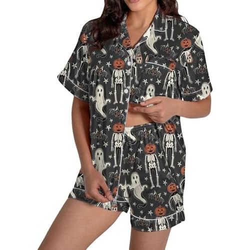 Halloween Pajamas Women 2025 Satin Silk Button Up Shirt And Shorts Pjs Sets 2 Piece Loungewear Set Soft Sleepwear