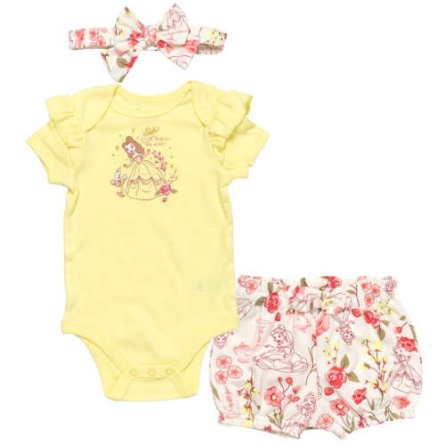 Disney Princess Belle Infant Baby Girls Bodysuit Shorts and Headband 3 Piece Outfit Set Yellow/White 24 Months