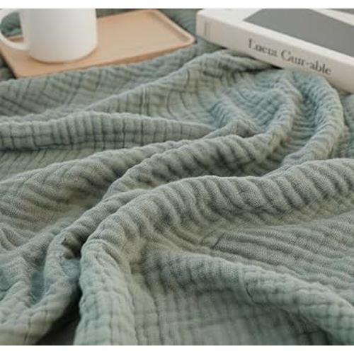 KyraHome Cotton Throw Blankets for Couch, Kids, 50"x60" 100% Organic Cotton Plant Dyed Breathable Lightweight Warm Gauze Muslin Blankets for Adults, Travel, All Season, Sage Green