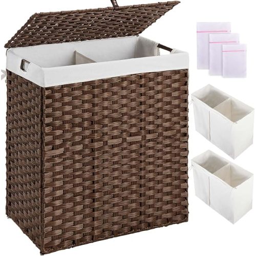 Greenstell Laundry Hamper with lid, No Install Needed, 110L Wicker Laundry Baskets Foldable 2 Removable Liner Bags, 2 Section Clothes Hamper Handwoven Rattan Laundry Basket with Handles, Brown