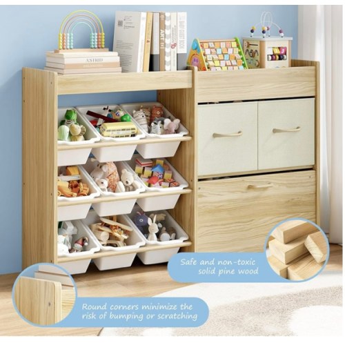 Toy Storage Organizer for Kids, 9-Bin Toy Organizer with 2-Drawers, Movable Toy Chest and Top Rack, Multifunctional Kids Bookshelf and Toy Storage for Playroom, Bedroom, Nursery, White