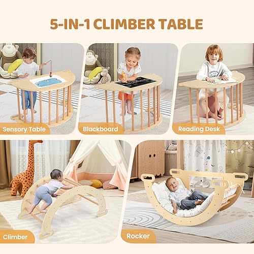 JOYMOR 5-in-1 Pikler Triangle Climber Arch Rocker with Cushion Sensory Table Set for Kids, Montessori Wooden Climbing Toys for Toddlers Inside with Collapsible Storage Basin & Blackboard