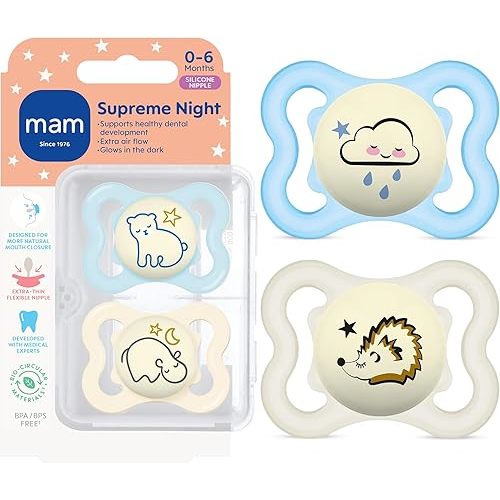 MAM Supreme Baby Pacifier, Newborns 0-6 Months, Developed with Orthodontists, Extra Air Flow for Sensitive Skin, Glows in The Dark, BPA-Free Silicone, Sterilizer Case, Pack of 2, Made in Europe