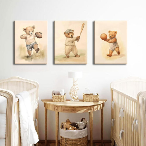 Zoomie Kids Bear Rugby Sports Nursery Canvas Wall Art Set Of 3 - Cute Vintage Baby Bear Pictures Paintings Poster Prints, Nursery Animal Wall Decor For Children Bedroom Boy Room Decoration 12X16 Inch Framed | Wayfair
