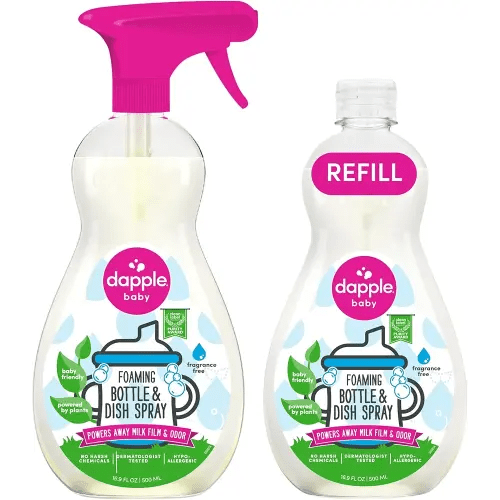 Dapple Baby Bottle & Dish Foaming Power Spray, Hypoallergenic Dish Soap for Baby Bottles, Powered by Plants, Fragrance Free, 16.9 Fl Oz (Pack of 2)