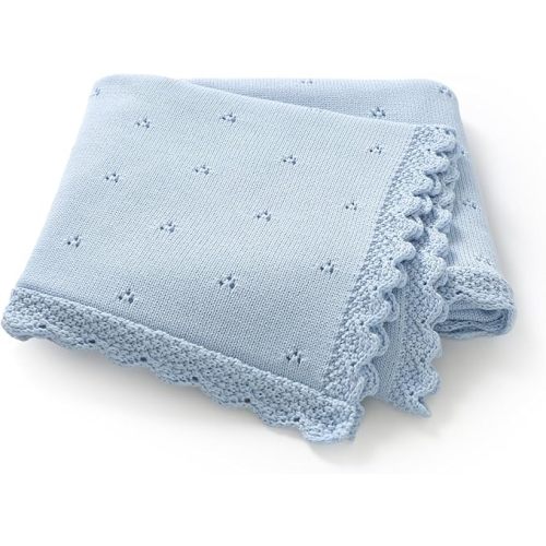 LAWKUL Organic Cotton Baby Blanket for Newborn Boys Girls, Knitted Crochet Receiving Blankets Crib Nursery Swaddle, 30x40 Inch (Light Blue)