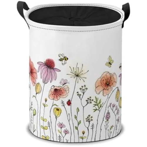 Colorful Boho Wildflowers Laundry Hamper Basket, Garden Plant Herbs Floral Printing Collapsible Portable Laundry Bag, Storage Bins Toys Gifts Basket, Bedroom Home Nursery Decor for Baby Girl Women