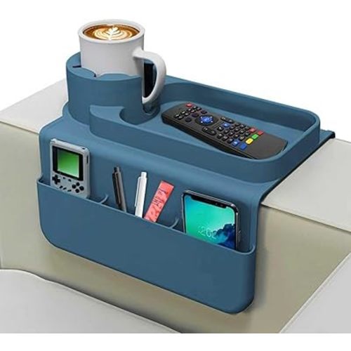Silicone Couch Cup Holder Tray, 3-Side Sofa Armrest Organizer with Secure Gear-Shaped Locking Holder & Large Tablet Slot, Non-Slip Weighted Armchair Caddy, Couch Accessories (Blue)