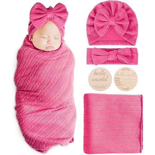 Newborn Receiving Blanket with Bow Hat Headband Wooden Card Set Wheat-Pattern Newborns Toddler Baby Boy Girl Nursery Swaddle Wrap