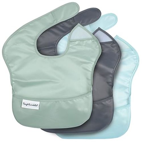 Tiny Twinkle Mess-Proof Baby Bibs for Eating | Waterproof, Wipeable Toddler Bibs with Catch-All Pocket | Feeding Bibs for Girls & Boys(3 Pack,Sage, Charcoal)